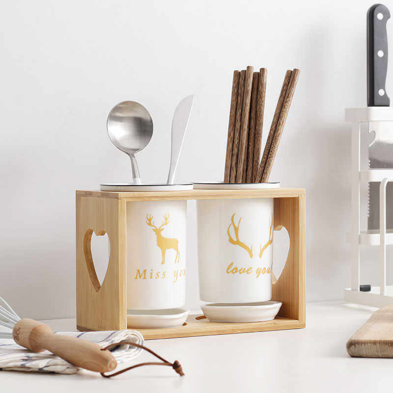 陶瓷筷子筒北欧家用竹架双筒沥水筷笼厨房收纳置S物筷架筷子盒筷,餐饮具,餐具笼/架,淘宝优惠券,粉丝福利购,淘宝优惠卷