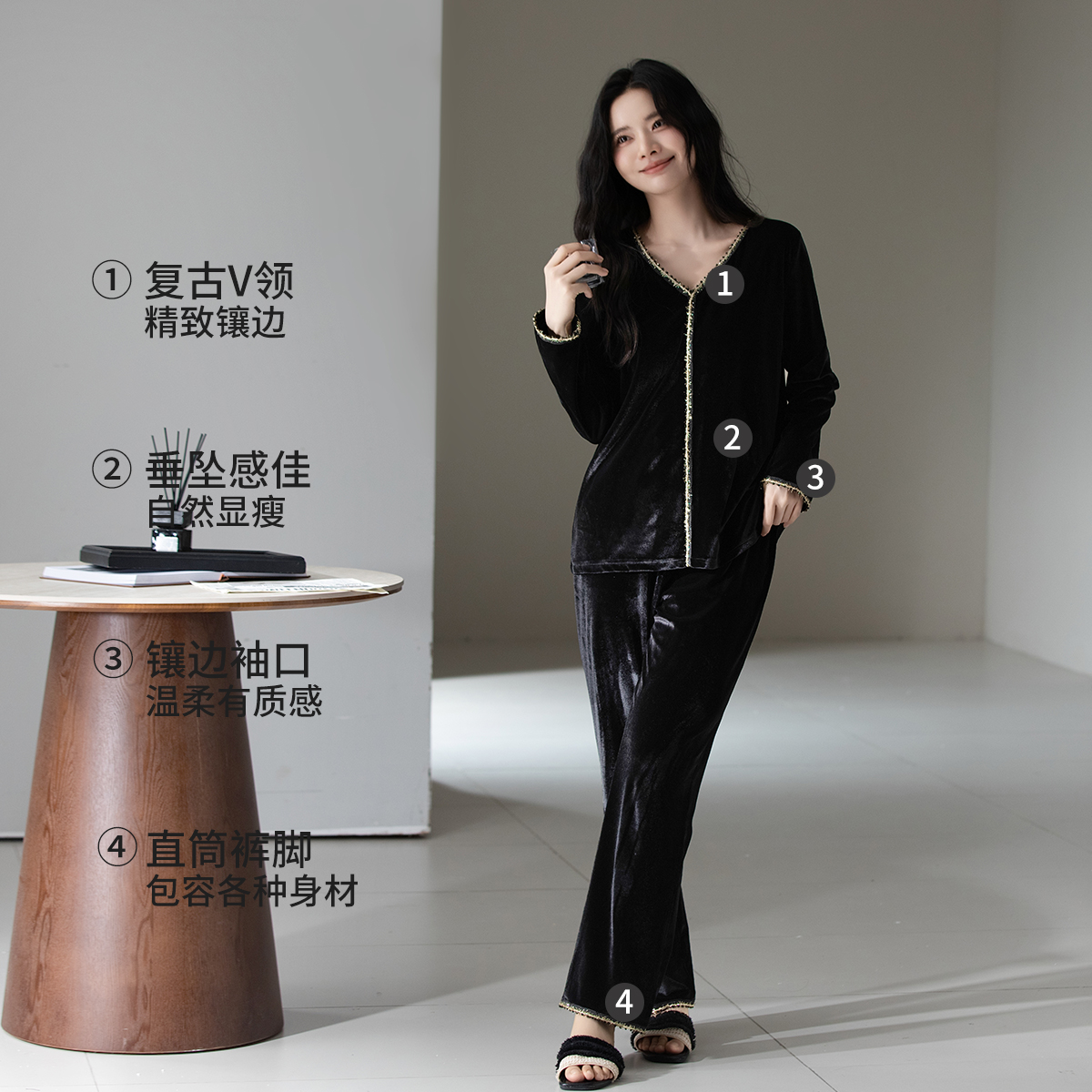 BYFORD/百富高品质时尚女士金丝绒睡衣套装长袖家居服舒适套装