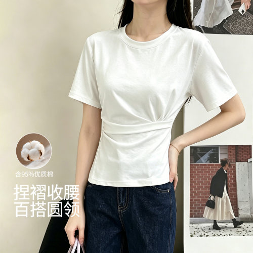 简约纯色短袖T恤女夏季收腰显瘦百搭棉质亲肤打底T恤