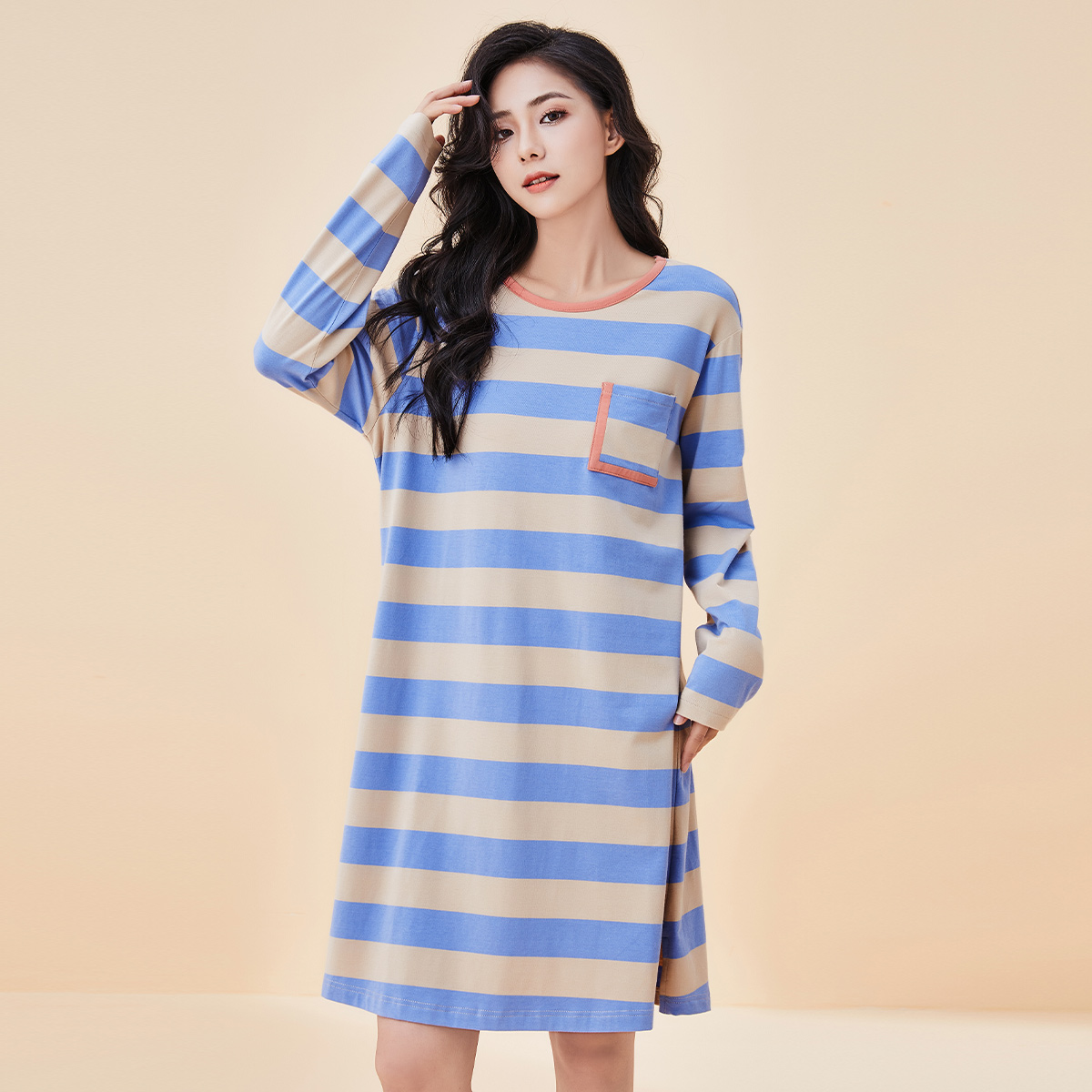 百富春夏小清新棉质条纹圆领睡裙