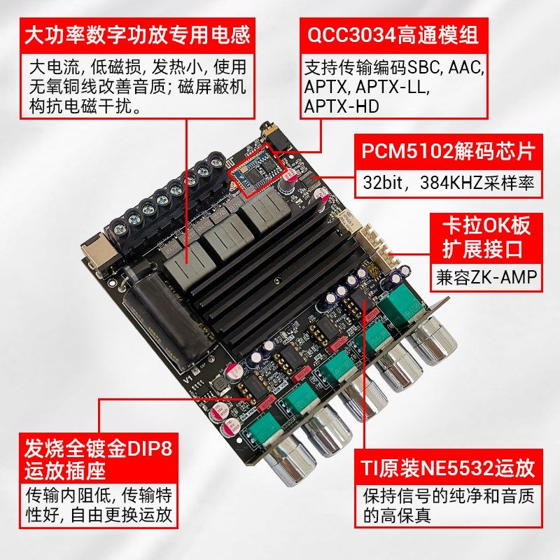APTX1高通蓝g牙数字功放2.1声道100Wx2+200W低音炮QCC3034+TPA322