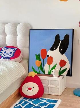多巴胺客厅装饰画卡通p小狗红色正方形餐厅壁画儿童房卧室床头挂