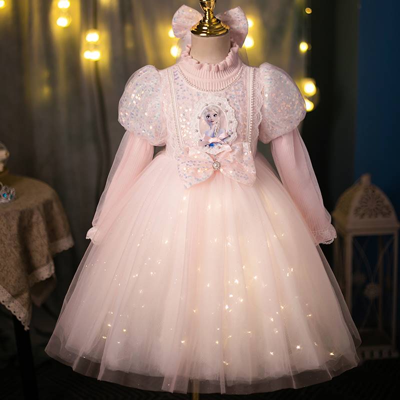 发光爱莎公主裙女童毛衣裙冬季新款冰雪奇缘艾沙高端儿童连衣裙子