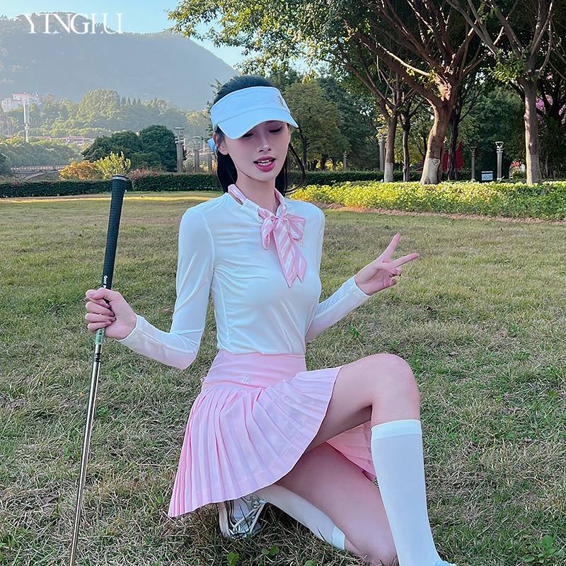 韩国FL高尔夫球服装女长袖丝巾领上衣f网球gol粉色百褶短裤裙套装