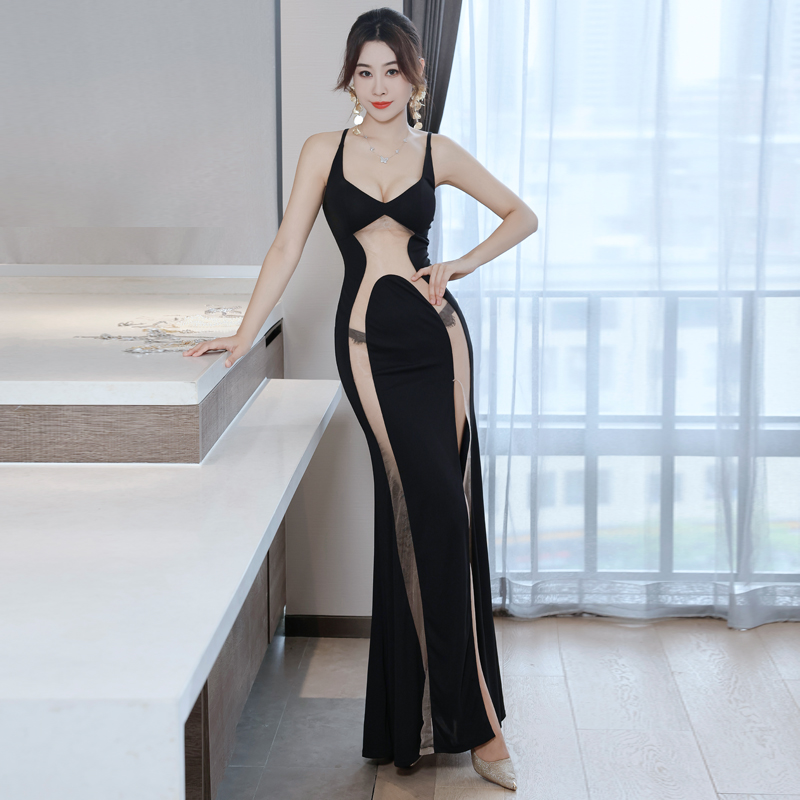 性感开叉长裙微弹纯色拼接微透视