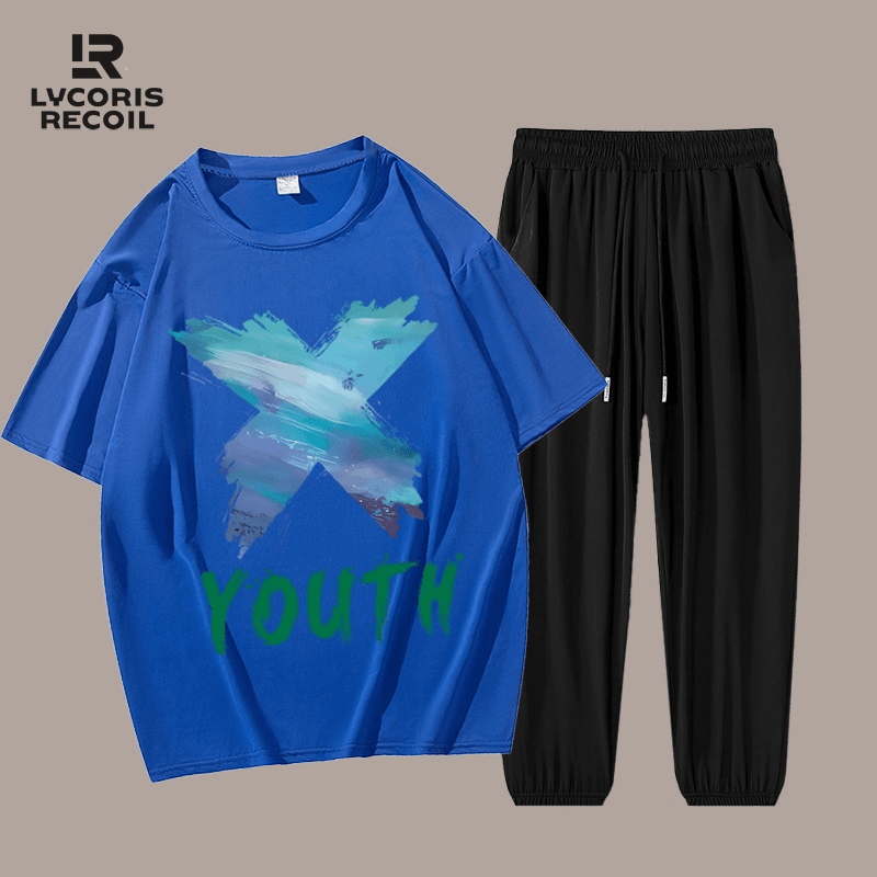 两件装套装短袖t恤男士夏季印花九分裤男上衣服情侣套装运动潮牌