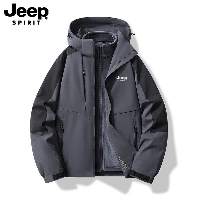 吉普JEEP三合一单衣男士连帽夹克户外防风防水多口袋工装风衣外套