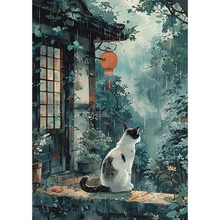 日系DIYd方钻满钻钻石画钻石绣雨天森林小屋窗台远处眺望的猫咪