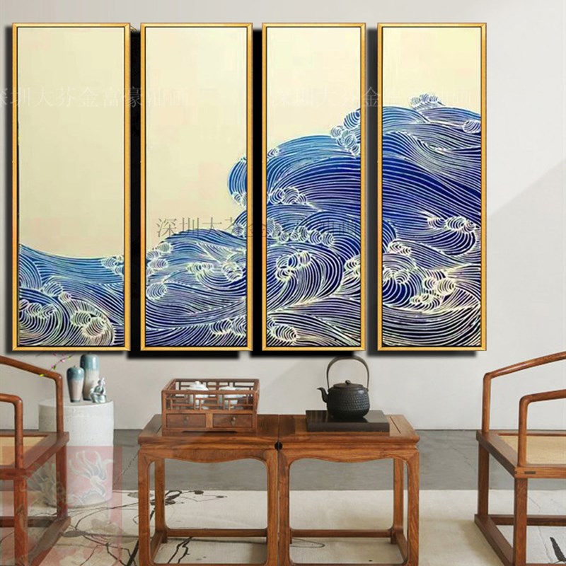 手绘新中式四联金线抽象装饰画酒店客厅会所办Y公室壁画挂画图片