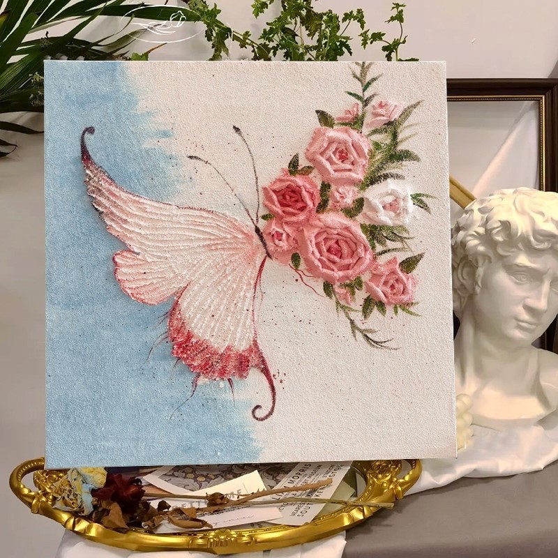 蝴蝶玫瑰石英砂肌理画DIY材料包手工绘丙烯颜料高级感装饰画挂画图片