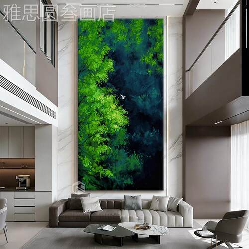 意色式极简客厅简装饰画现代约风抽象挂画玄关绿森林油飞鸟手绘画