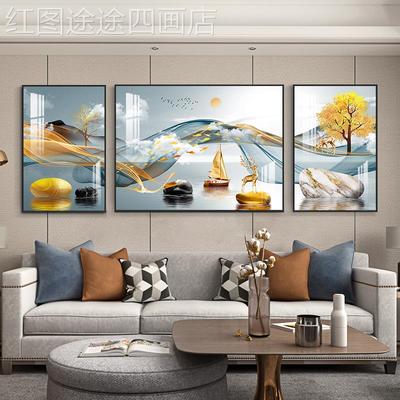 网红来转客装饰画现代轻沙运发背景奢石墙挂画三厅联画高级感福鹿