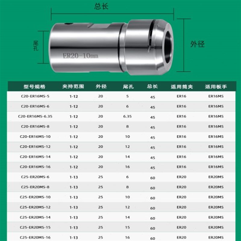 电机主轴ER刀杆 ER1r6 ER20雕刻机高速无风阻转接套延长杆夹刀杆