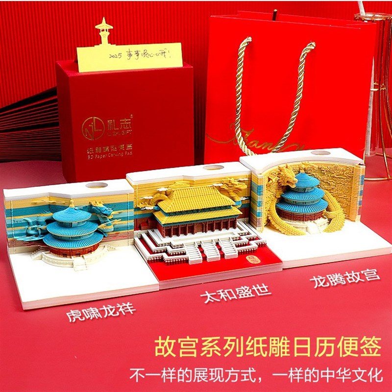 2025年虎啸龙祥中国风天坛祈年殿带灯H3D立体便签纸雕文创古风艺