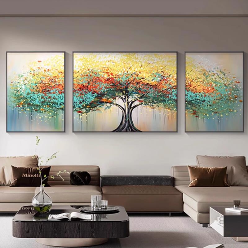 发财树客厅装饰画三联壁画金属框大芬油画村沙发背U景墙挂画肌理