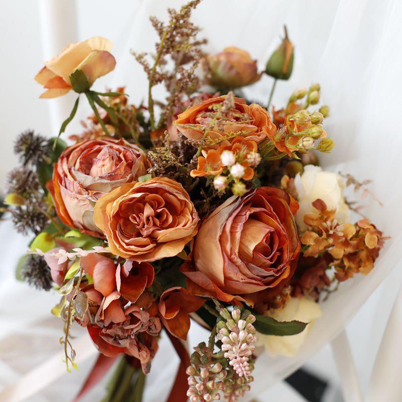 秋橘色秋红色复古烧边玫瑰新娘结婚手捧花 婚纱写真拍摄道具花束