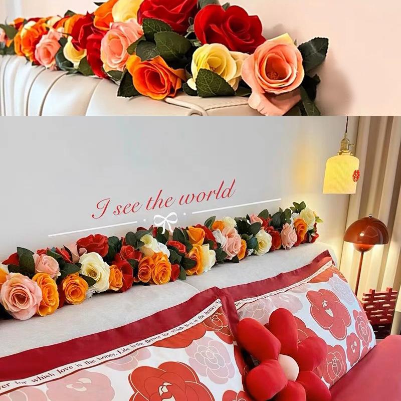 结婚红色喜庆新房床头装饰仿真玫瑰花藤 长条藤蔓婚房摆花布置