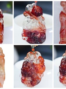 精工天然满红红胶花水晶九尾狐吊坠收藏款望月狐狸挂坠项链毛衣链