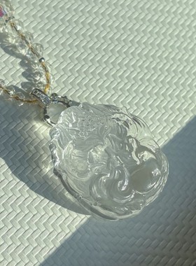 小高货 手工精修手工精抛光款 天然白水晶飘带九尾狐吊坠配珠链