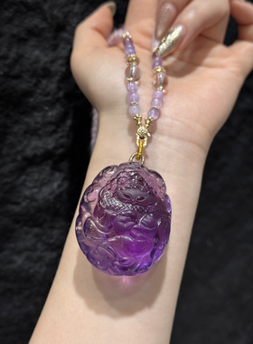 天然巴西紫水晶九尾狐狸牌仙吊坠智慧天然紫水晶羊毛线链