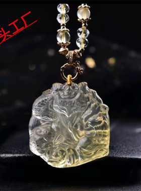 天然黄水晶双面雕刻背剑五仙狐狸项链蛇刺猬鼠毛衣链九尾狐礼物