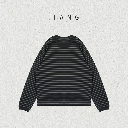 阿汤哥TANG涤棉混纺细条纹圆领长袖T恤秋季新款男高级感穿搭上衣