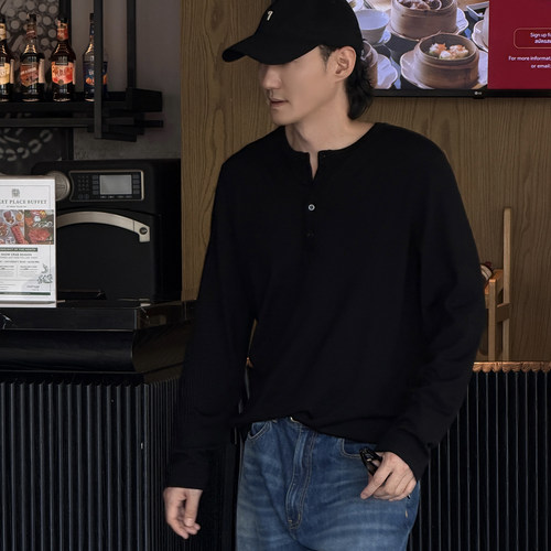 TANG[墨川]羊毛亨利领长袖T恤2026春季新款男士休闲舒适上衣