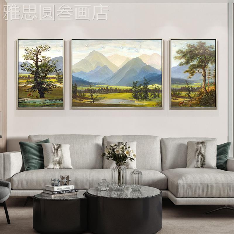 网红美客式水三联画现代沙发背景墙装饰画风画厅山画景挂画纯手绘