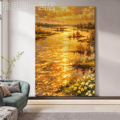 现代极简金色装河流客厅饰画夕阳肌理关手绘油画抽纯象风景玄挂画
