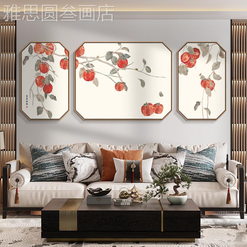 网红事事如意茶客厅装饰画新中挂发沙背景式墙三联画室书房画日式图片