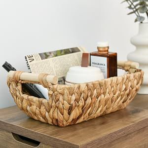 手工编织大型储物篮带木把手用于整理的水葫芦柳条篮草编收纳筐