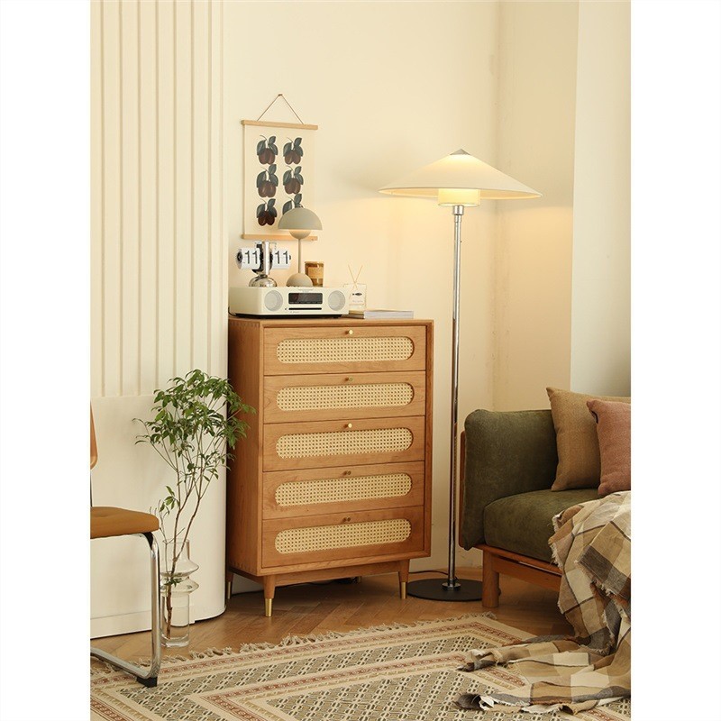 北欧樱桃木 全实木日式藤编五斗柜 客厅沙发边柜 黑胡桃木卧室床