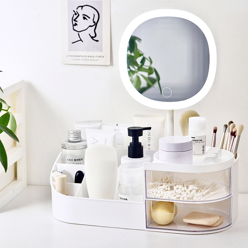桌面化妆品收纳盒分格梳妆台置物架笔筒化妆镜带镜口红盒宿舍女生