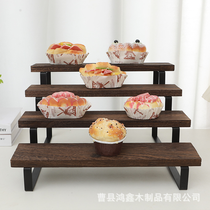 铁木结合置物架桌面甜品展示架四层甜品台阶梯式香薰精油收纳木架