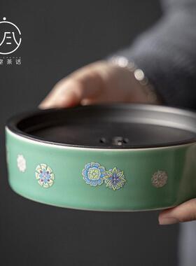 松石绿釉皮球花锡盖壶承储水茶盘建水圆形手工蓄水干泡盘茶道配件