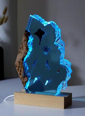 海洋系列美人鱼锤头鲨桌面办公室艺术摆件海龟水母实木礼品树脂灯