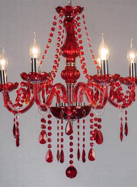 6头红色水晶吊灯红色玻璃吊灯蜡烛灯适合婚庆婚房KTV展厅装修等
