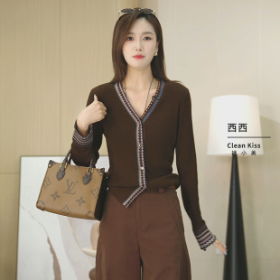 女2025年秋季 V领藏青色女开衫 新款 上衣长袖 羊绒羊毛衫 羊毛针织衫