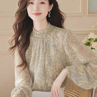春秋新款今年流行的法式漂亮遮肚子绿色碎花雪纺小上衣长袖衬衫女