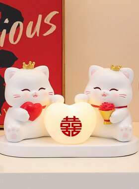 喜庆情侣樱花猫摆件长明灯新人订婚客厅桌面装饰新婚闺蜜结婚礼物