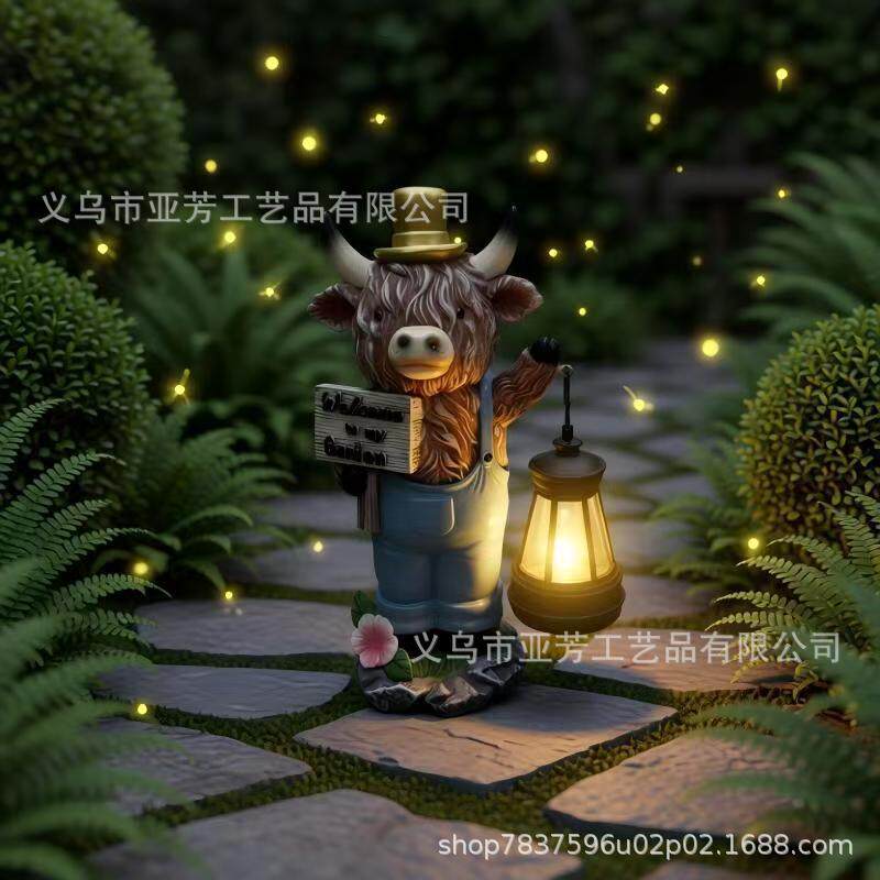 跨境  小夜灯春夏高地耗牛提灯树脂工艺品花园庭院户外装饰摆件