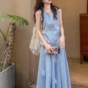 搭配一整套半身裙两件套 法式 蝴蝶结蓝色无袖 套装 裙女2024夏装
