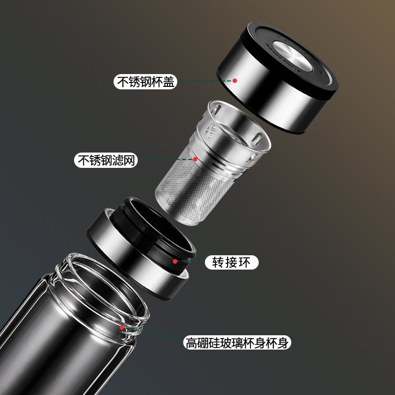 希乐一键开盖双层高硼硅玻璃杯速开茶水分离泡茶杯子男士商务水杯