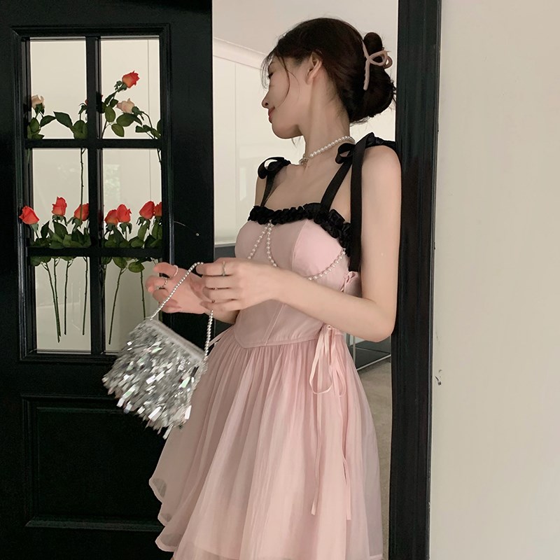 极速高级感粉色吊带连衣裙女小个子夏季法L式名媛生日小礼服公主