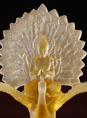 极速真琉璃孔雀明王佛像佛母供具B汽车小摆件送礼盒装中式家居客