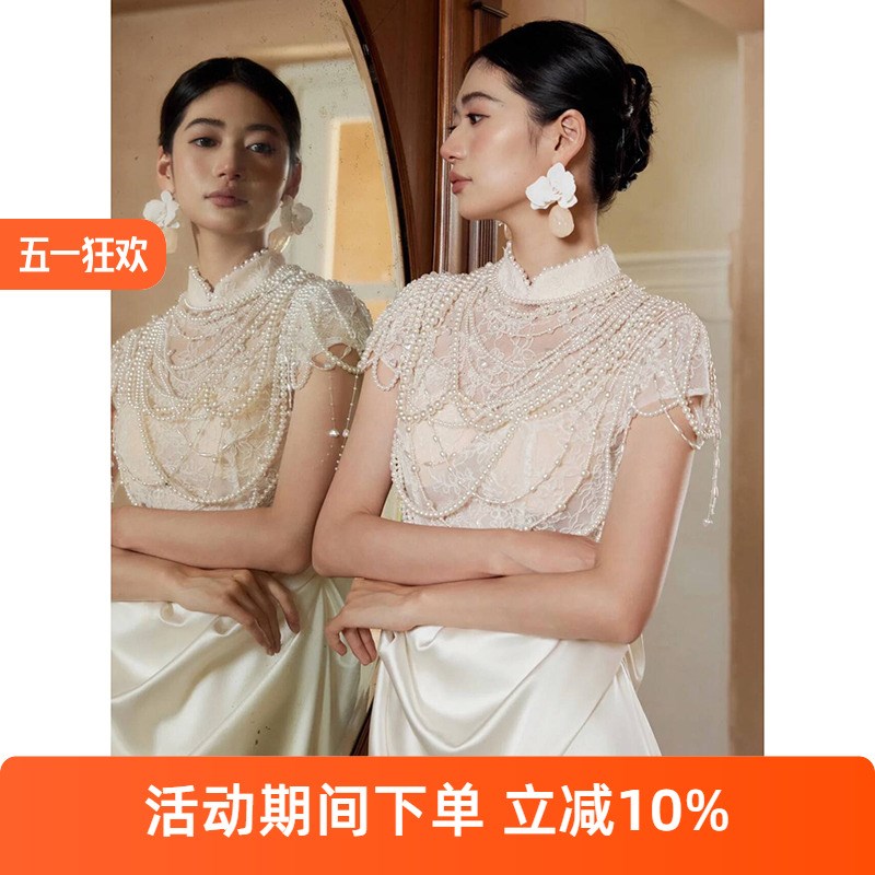 速发法式蕾丝轻婚纱小众轻奢缎面珍珠重工鱼尾礼服新娘高端迎宾出