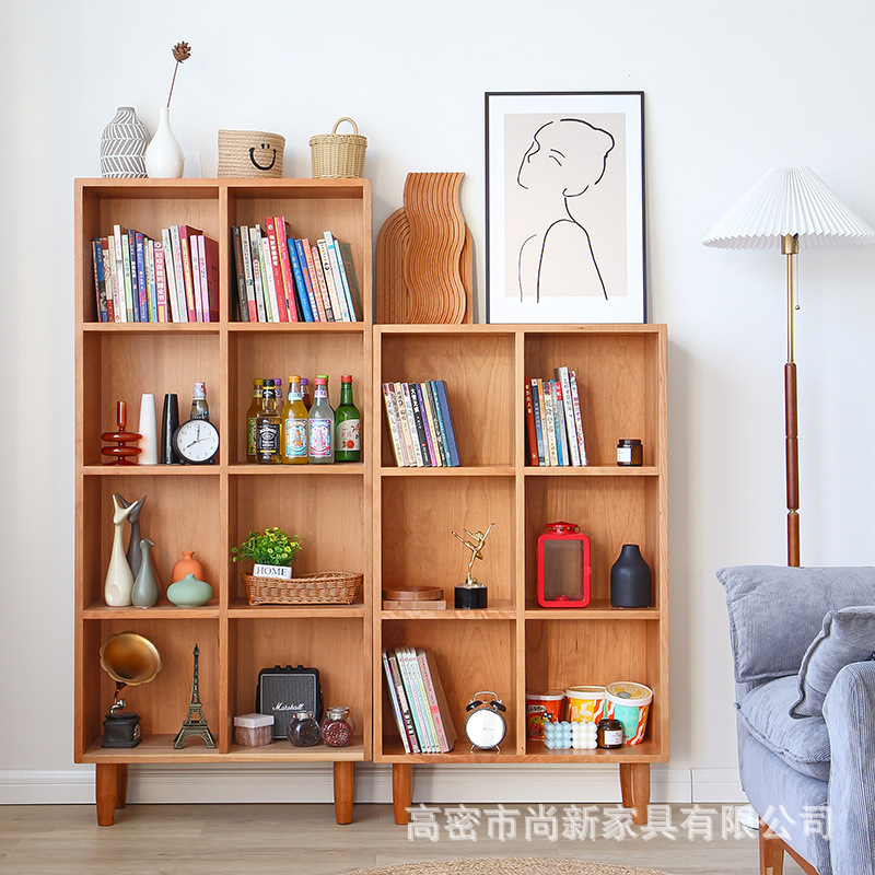 日式实木书架简约展示多格置物架北欧白橡木书柜落地樱桃木收纳柜