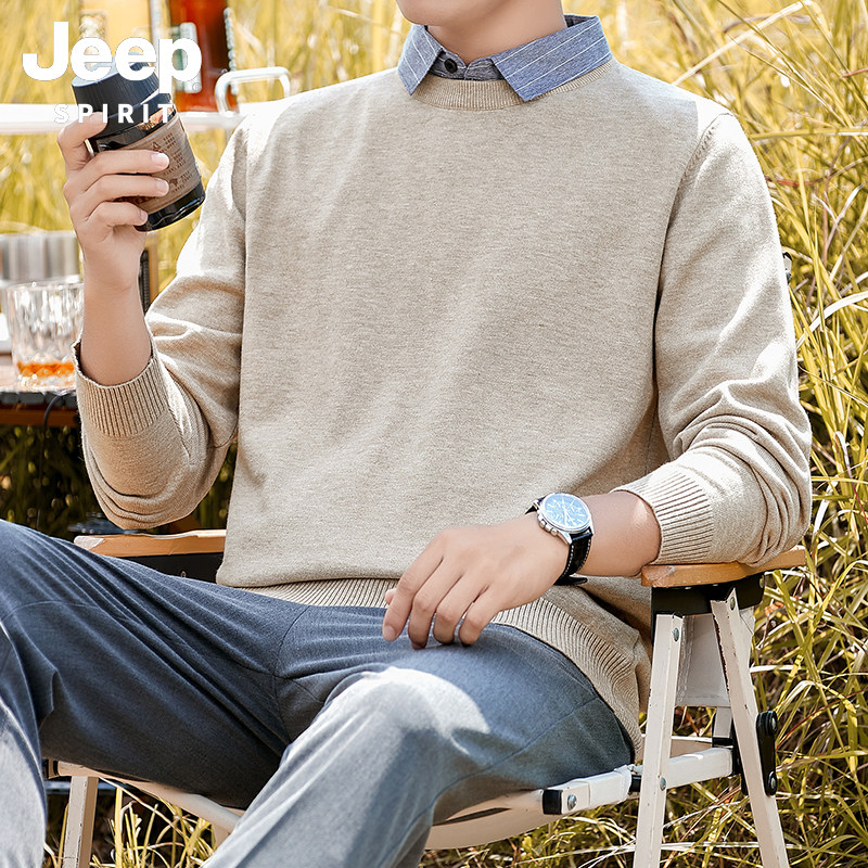 JEEP吉普衬衫领毛衣男假两件2025年春季新款套头针织衫打底毛线衣