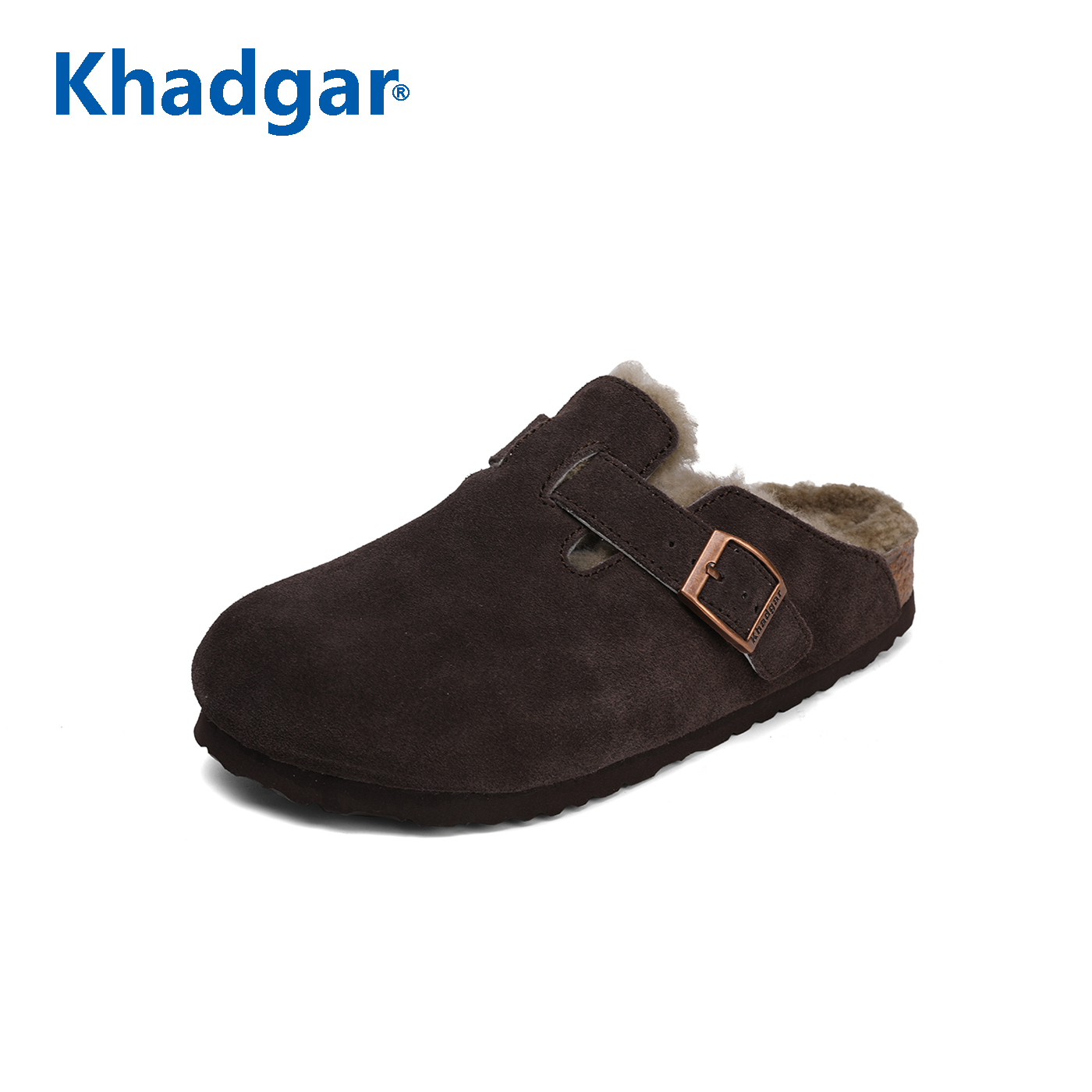 Khadgar/卡德加秋冬加绒软木拖鞋羊毛保暖勃肯鞋女休闲情侣毛毛鞋