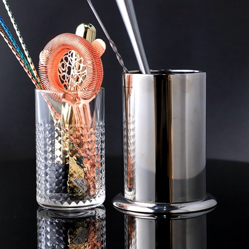 酒吧器皿不锈钢吸管盒 玻璃吧勺杯 调酒器具收纳桶 吧勺捣棒桶